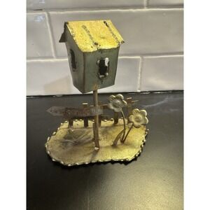 VTG 70's Brutalist Bird House Sculpture Figurine Metalware Flowers For Sale Sign